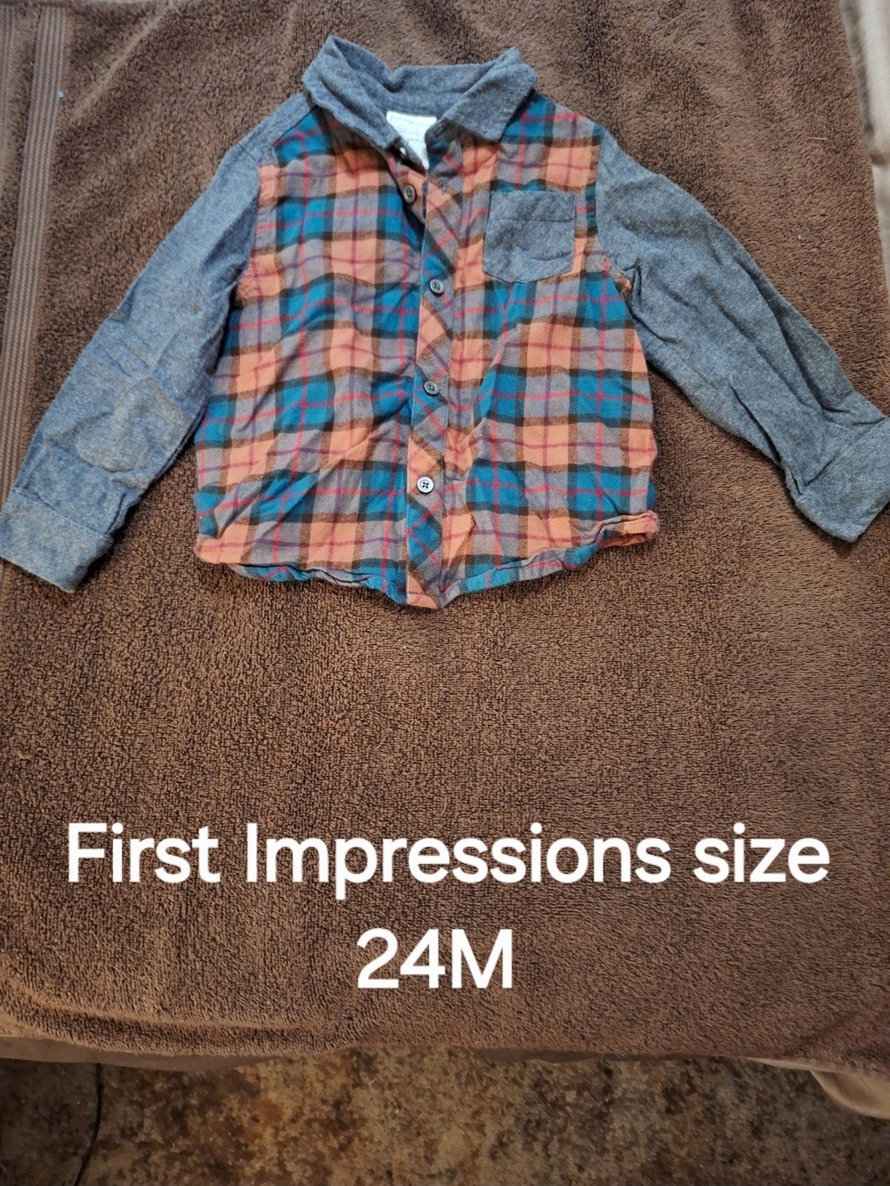 First Impressions Orange & Teal Plaid Button-Down Shirt with Gray Sleeves